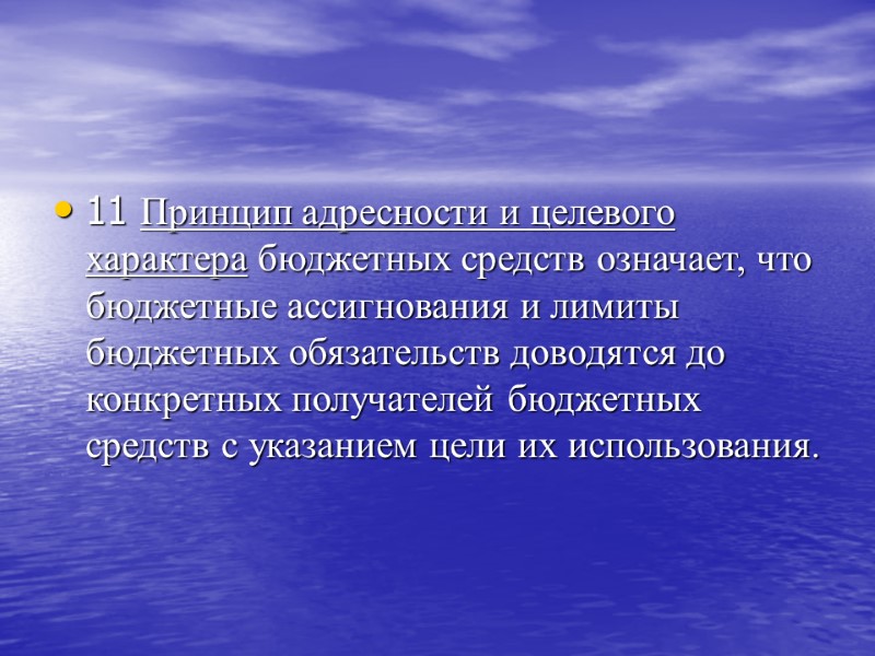 11 Принцип адресности и целевого характера бюджетных средств означает, что бюджетные ассигнования и лимиты